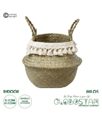 GloboStar® Artificial Garden MILOS 20307 Διακοσμητικό Ψάθινο Καλάθι - Κασπώ Γλάστρα - Flower Pot Μπεζ με Μακραμέ Φ21cm x Υ26cm